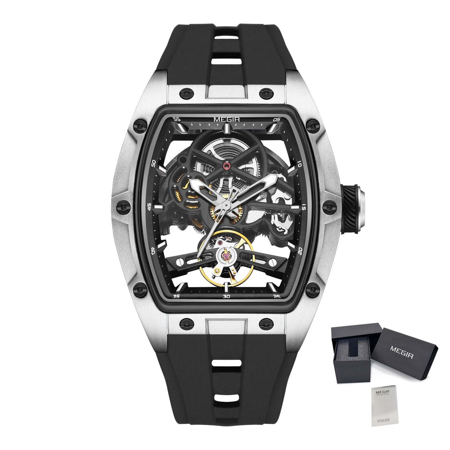 MEGIR mechanical watch with black strap and transparent face on a white background