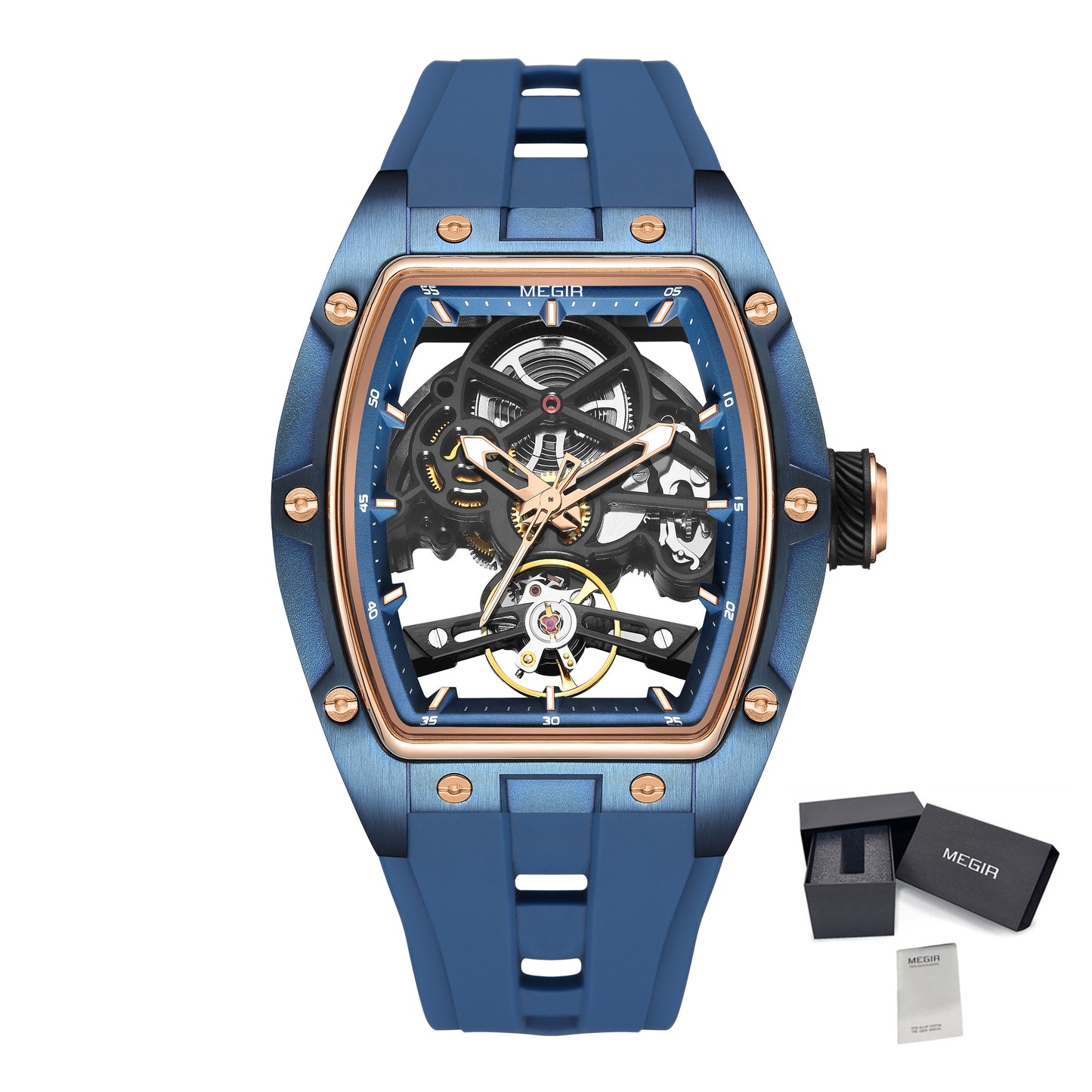 Blue mechanical watch with rose gold accents on a white background