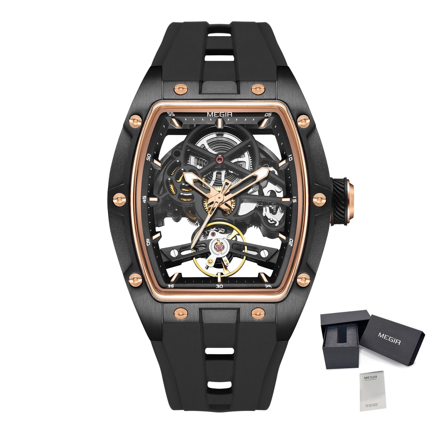 Black and rose gold watch with open face design on a white background