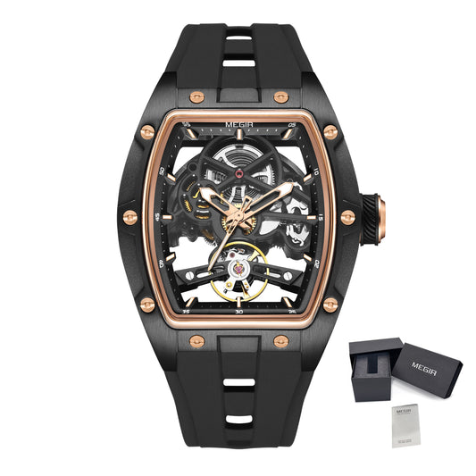 Black and rose gold watch with open face design on a white background