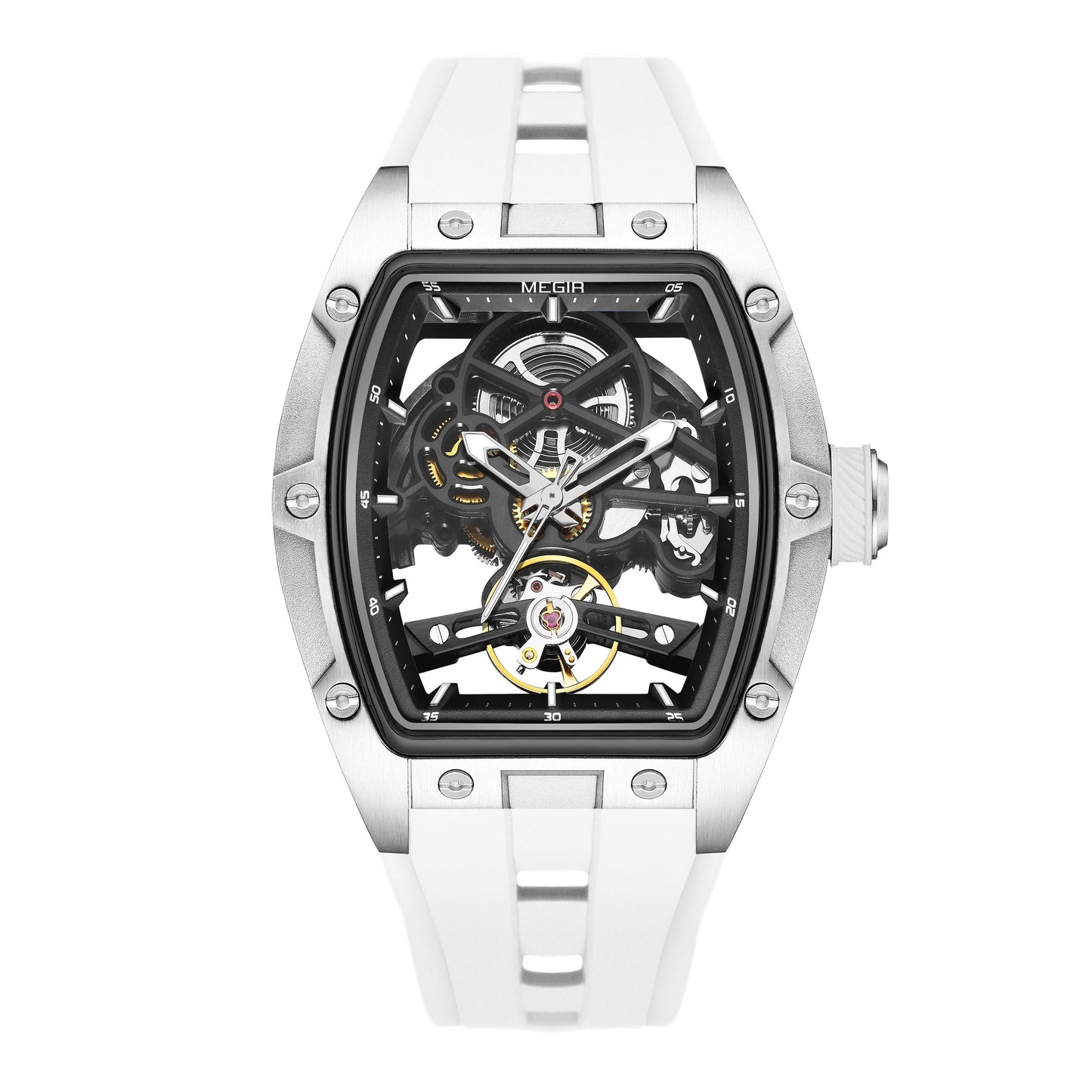 White wristwatch with a transparent face on a white background