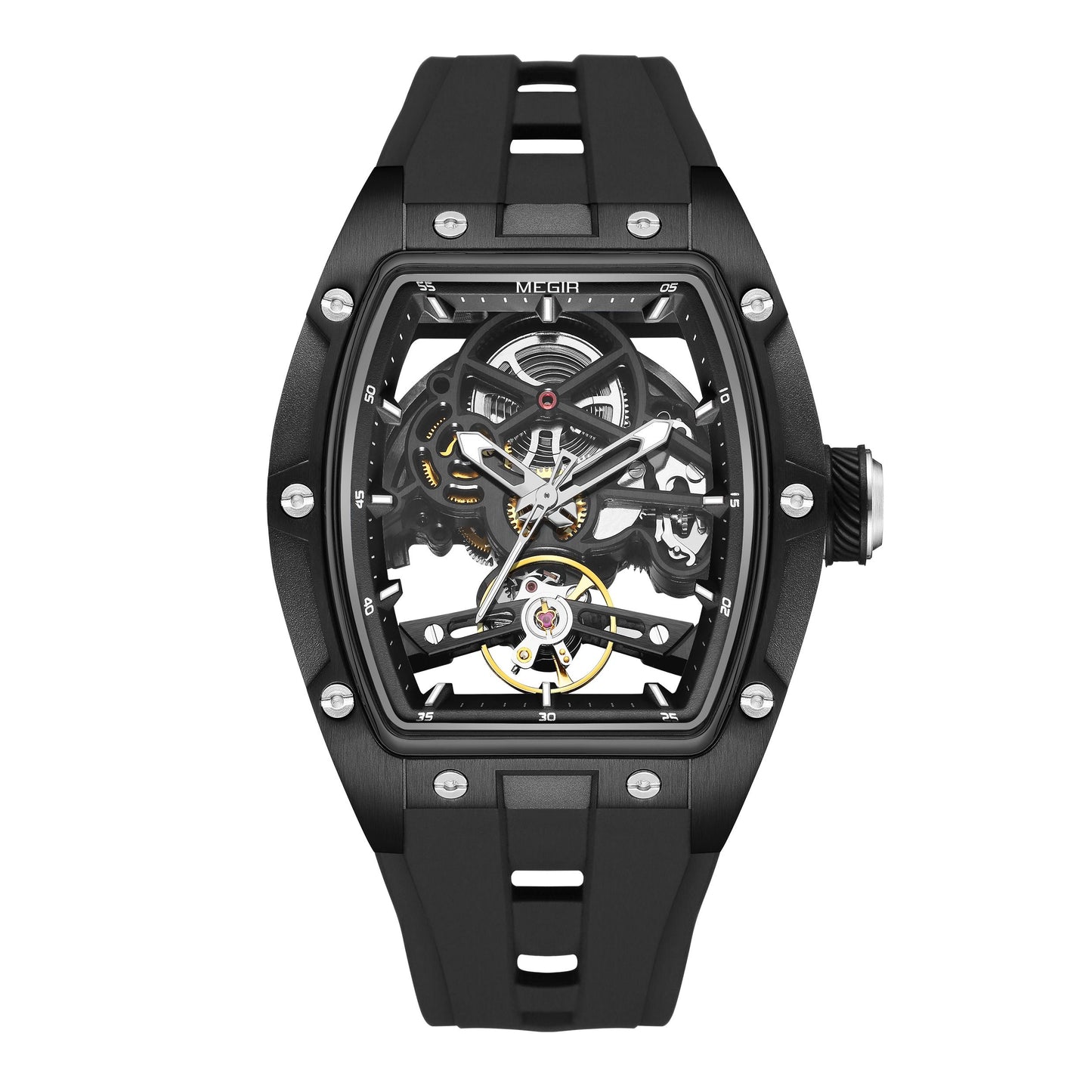 Black mechanical watch with transparent face on a white background