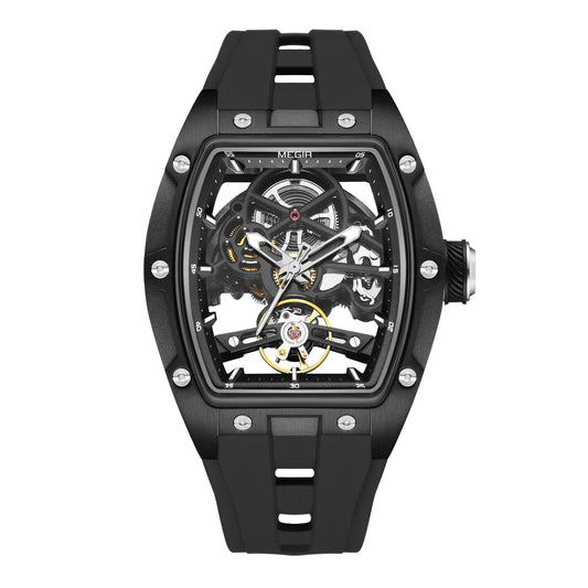 Black mechanical watch with transparent face on a white background