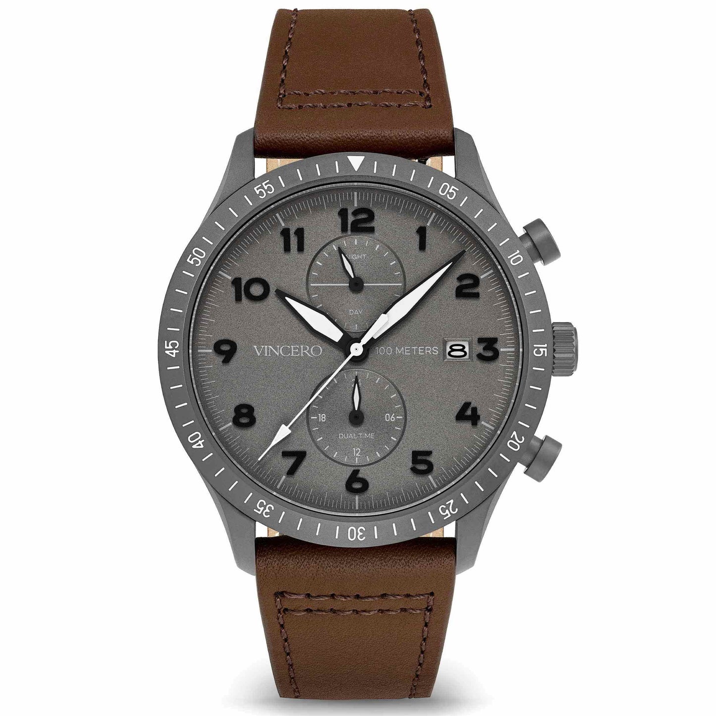 Watch with brown leather strap and gray dial on a white background