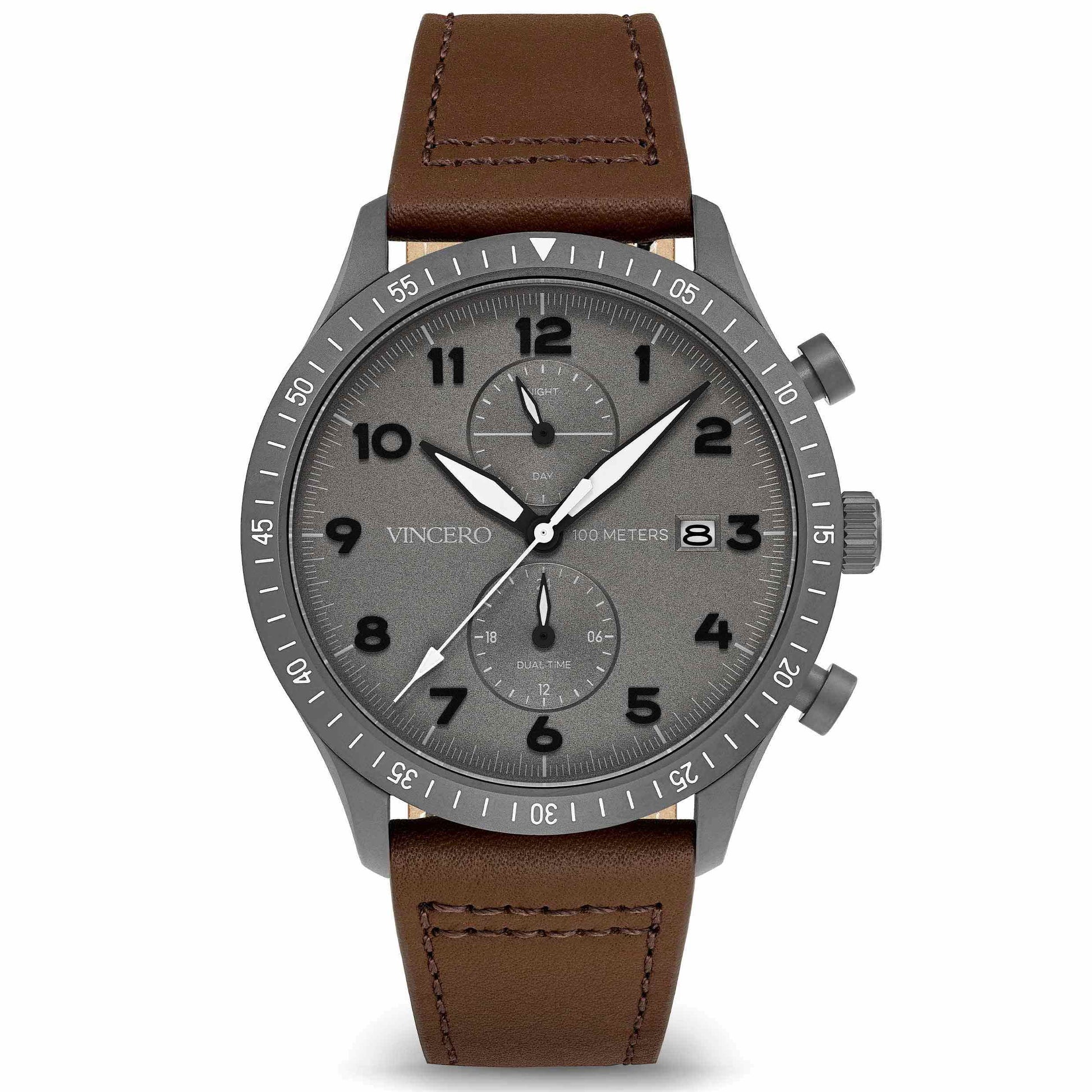 Watch with brown leather strap and gray dial on a white background