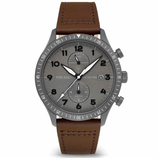 Watch with brown leather strap and gray dial on a white background