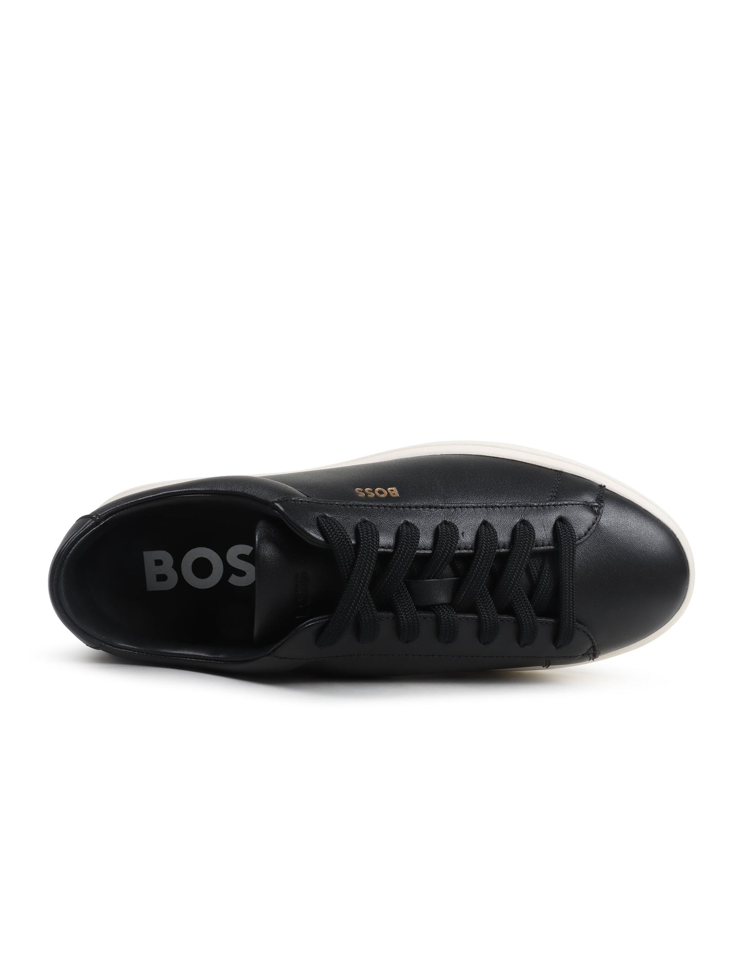 Black sneaker with 'BOSS' branding on a white background