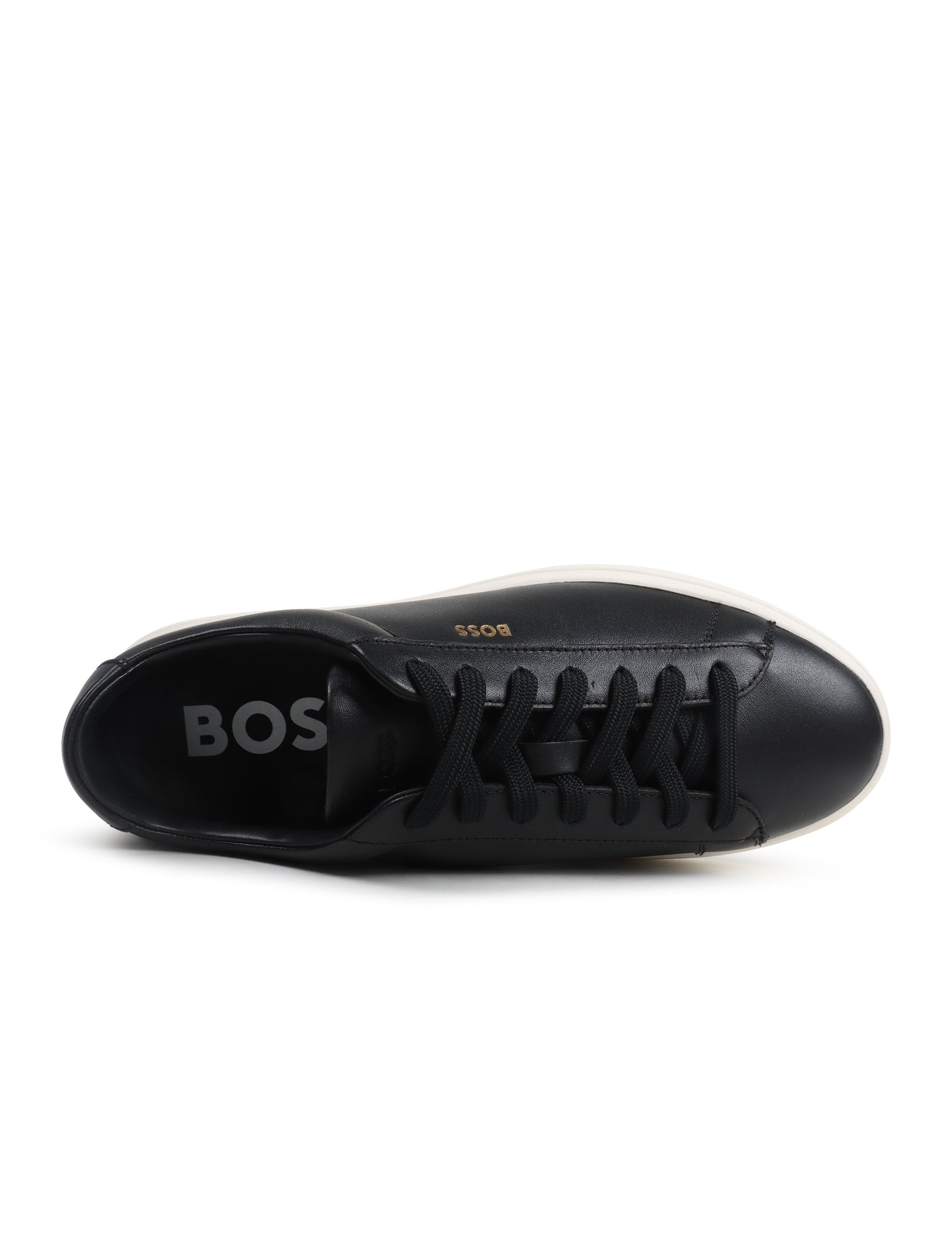 Black sneaker with 'BOSS' branding on a white background