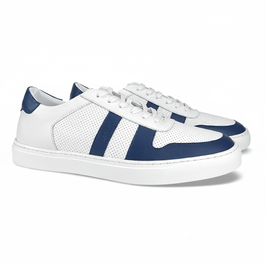 Otello Leather Court Sneaker – White/Blue