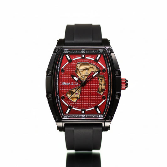 Luxury watch with a red face and black strap on a white background